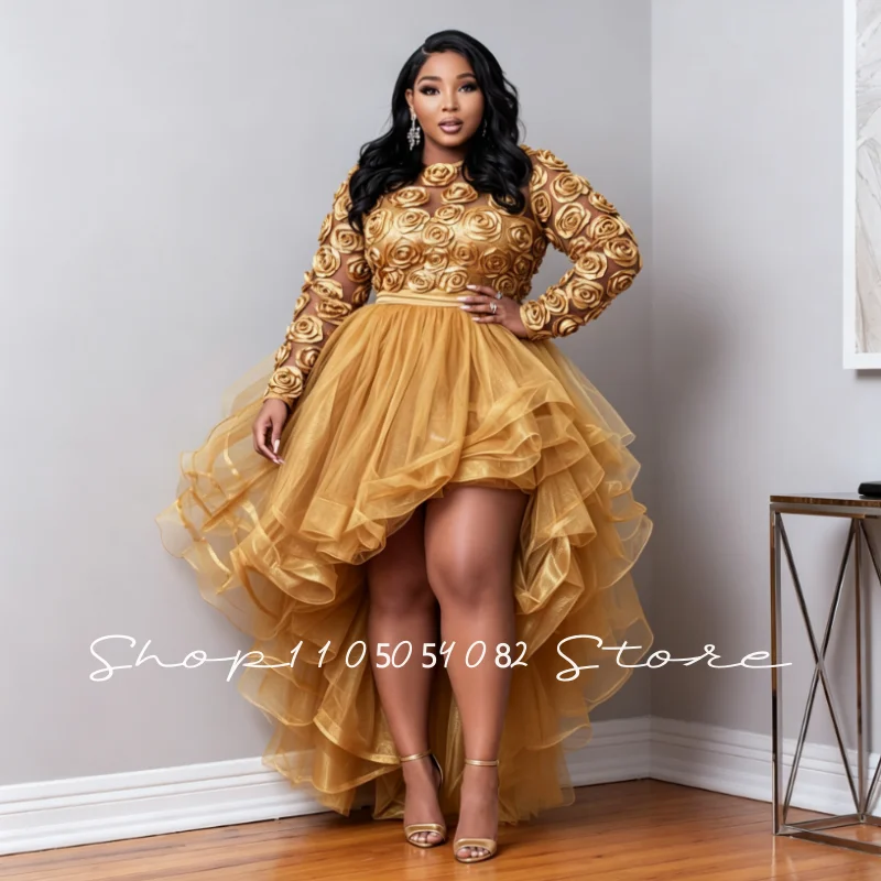 Luxurious Gold Mother-of-the-groom Dress Appliqué Long-sleeved South African Asymmetrical Groom’s Mother Dress Customized
