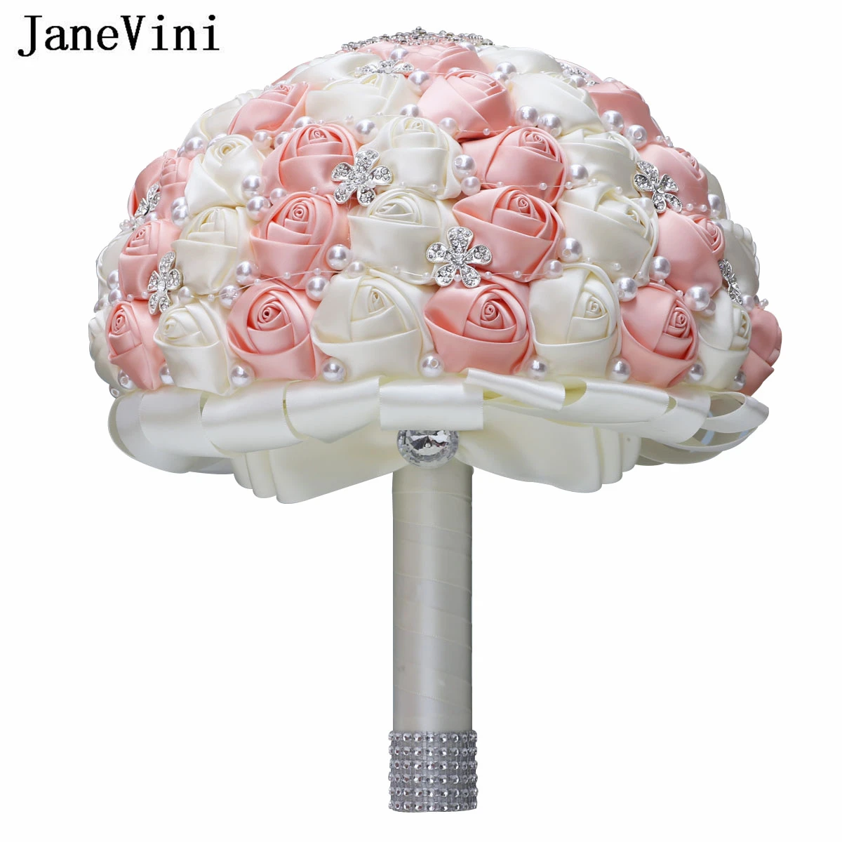 JaneVini 30CM Big Wedding Bouquet for Bride Large Size Crystal Bridal Hand Bouquets with Pearls Artificial Satin Roses Flowers