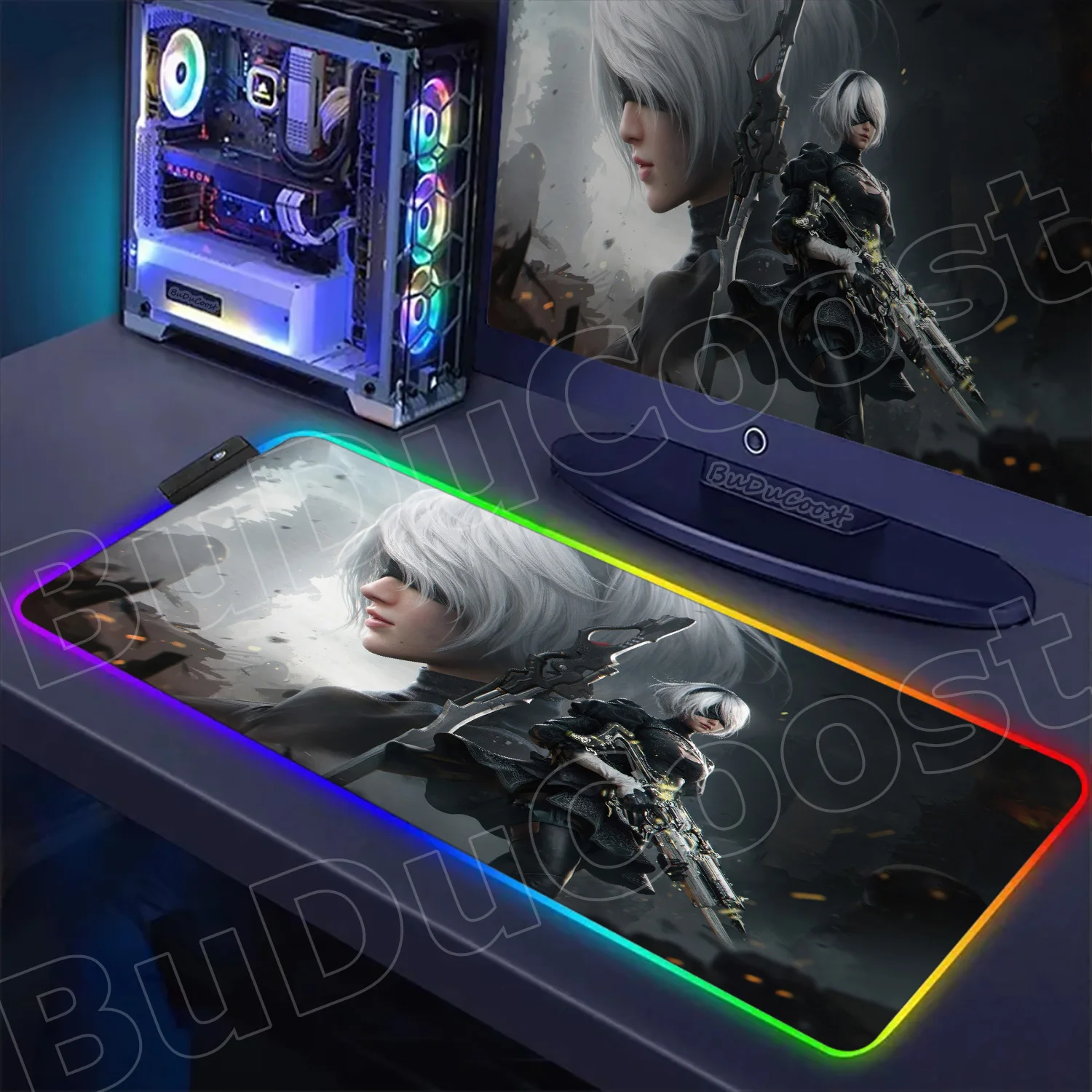 

New RGB Nier Automata 2b LED MousePad Glowing Cool Table Mat PC Gaming Accessiores Office Rug Mousepad desk organizers and trays