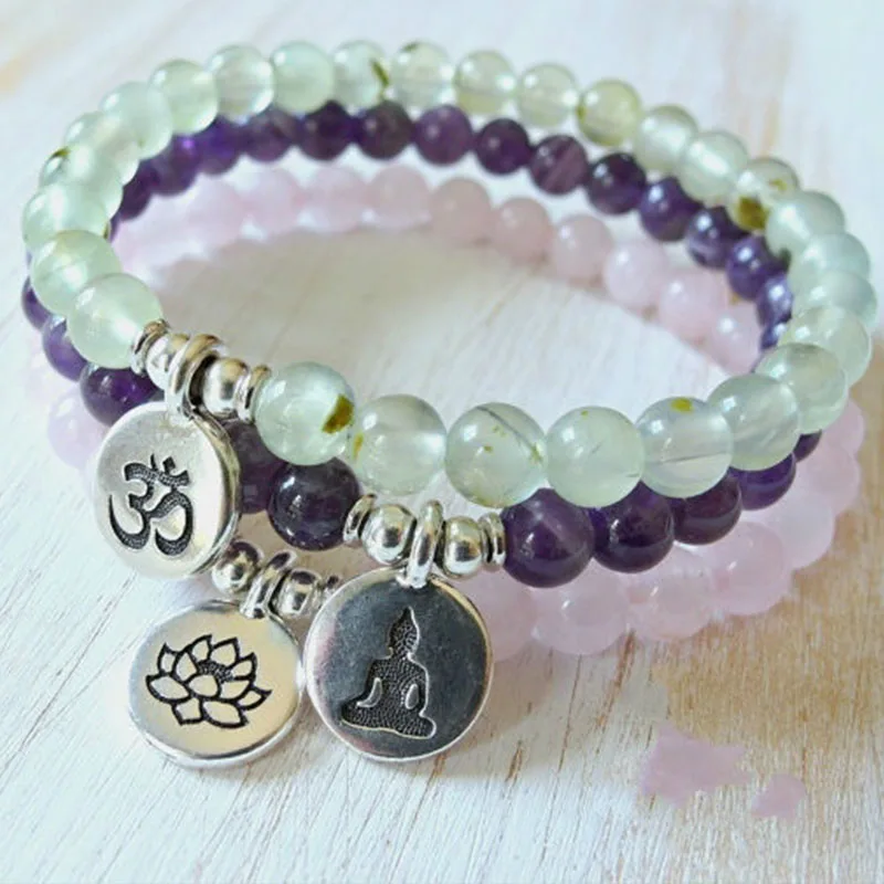 Buddha bracelet Yoga set of 3 Amethyst Prehnite Rose Quartz mala bracelets