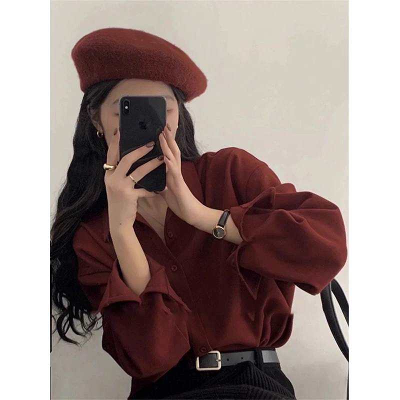 Women Spring Korean Office Lady Loose Appear Thin Solid Color Square Collar Long Sleeve Shirts Ladies Casual All-match Top Tee