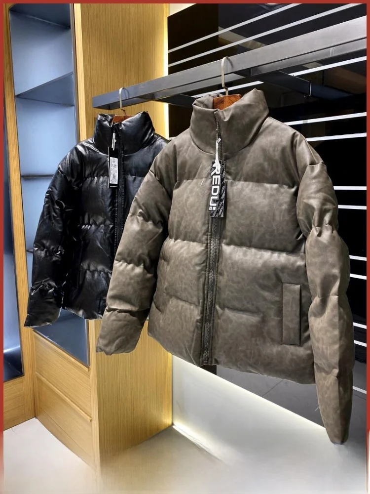 

Warm Thiened Stand Collar Bread Cotton Jaet PU Leather Men's Winter New Arrival Faionable Stand Fit Youth Trend