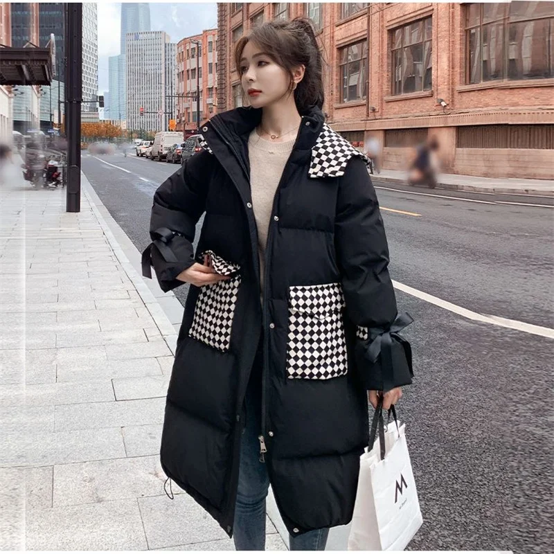 Checkerboard Plaid Down And Cotton Clothes Medium Long 2024 New Women's Black All-in-one Winter Loose Thin And Thick Coat Trend