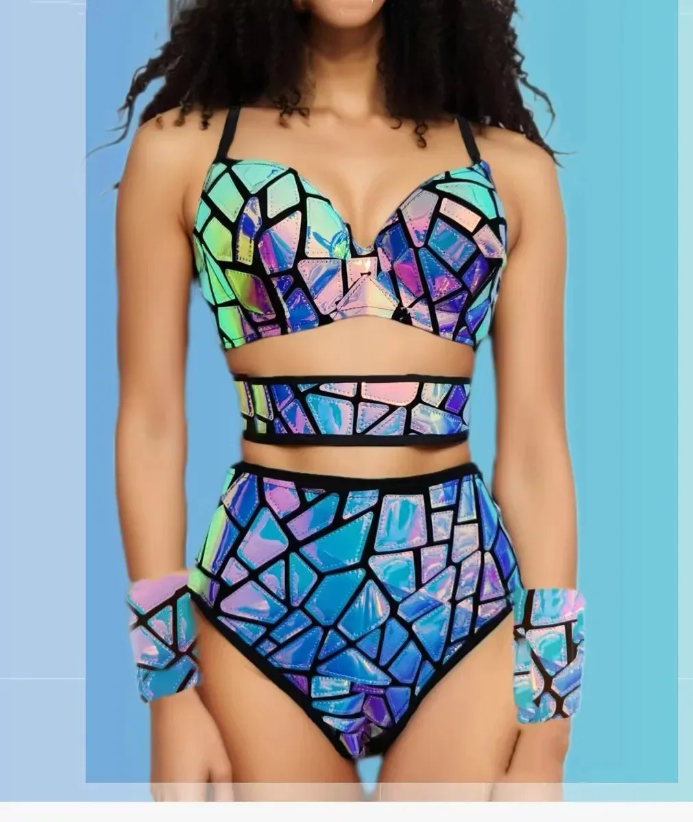 

Purple Blue Laser Mirror Sequins Bikini Belt Cuff Set Bar Nightclub Sexy Party Pole Dance Stage Wear Dancer Singer Club Costume
