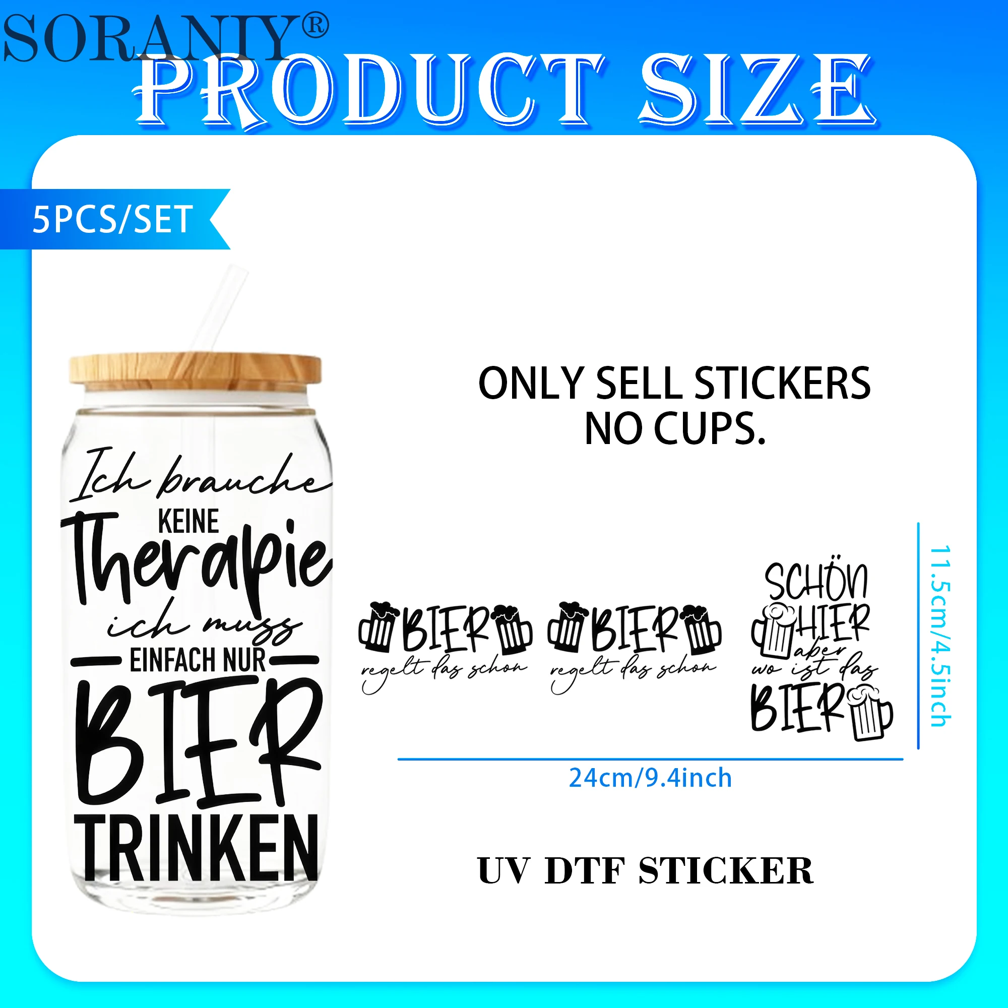 UV DTF 16OZ DIY Transfer Stickers - 5 Pieces/Set German Wine Quotes  Theme 16 Oz Glass Jar Packaging Transfer Decorative Paper U