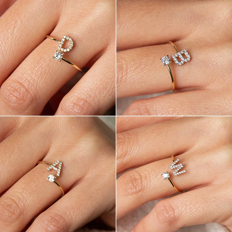 Trendy Women Adjustable Zircon A - Z Letters Initial Name Stackable Letter Open Rings Stainless Steel Adjustable Ring