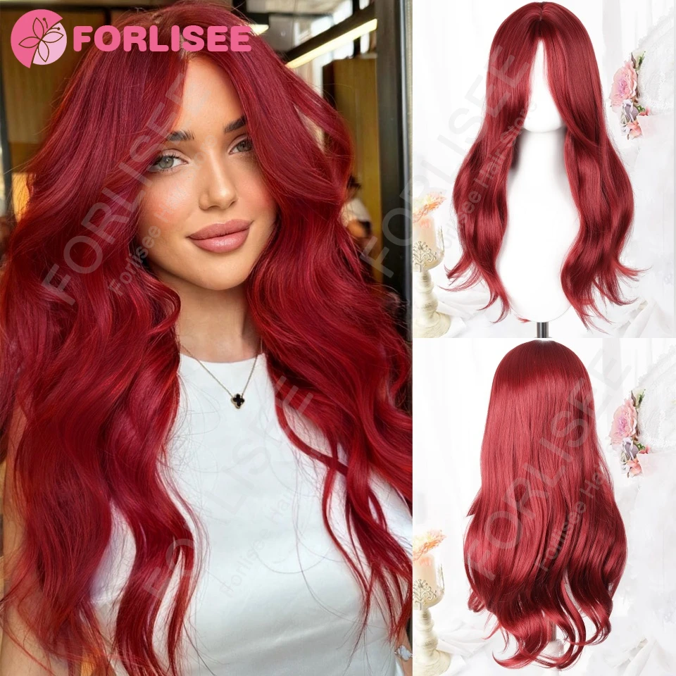 

Red Long Curly Wavy Synthetic Heat Resistant Wig With Bangs Women Wigs For Daily Wear Wigs Cosplay Party Gifts Christmas Wigs