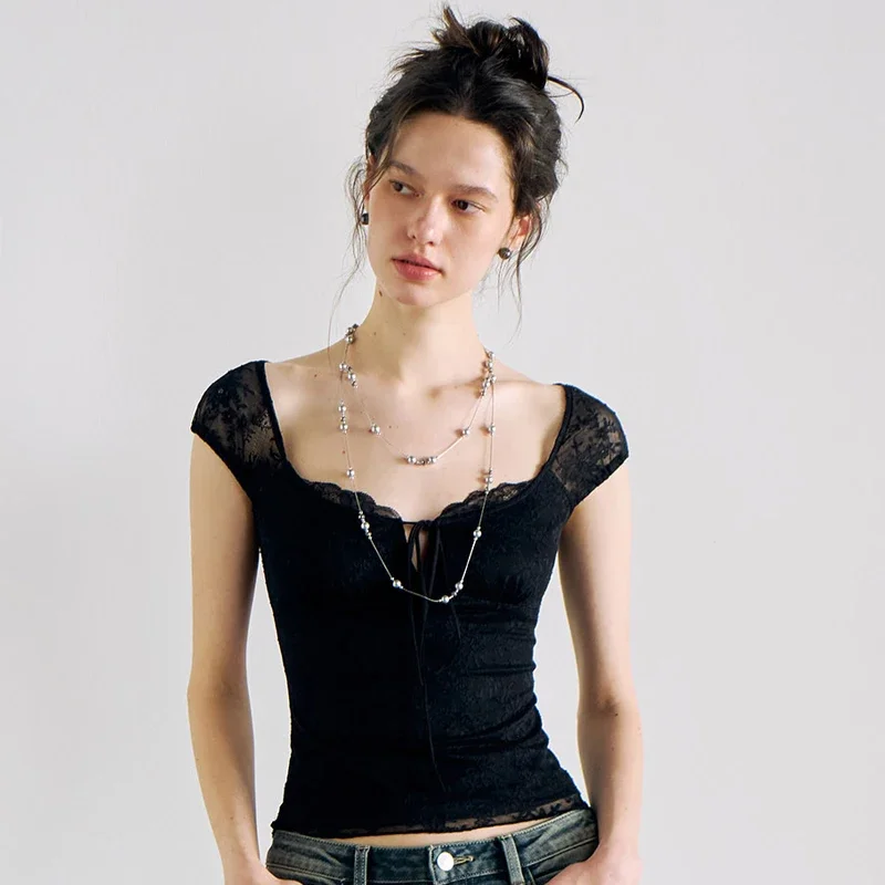 

Sexy Lace Splicing Straight Shoulder Short Sleeve T-shirt Female Summer Belly-Baring Top