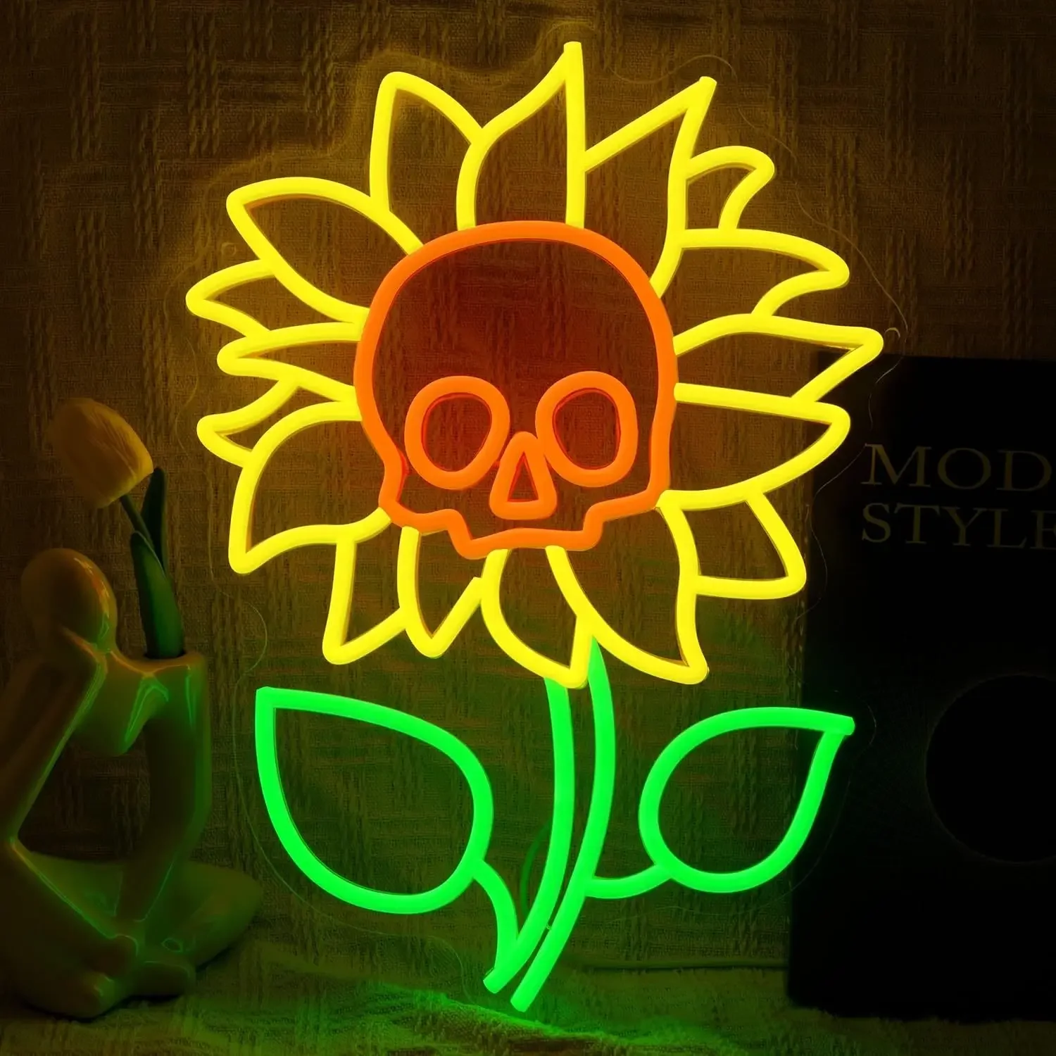 

LED Sunflower Skull Neon Sign Light USB Powered Halloween Fun Decor Suitable for Halloween Party Bedroom Bar Men Cave Wall Decor