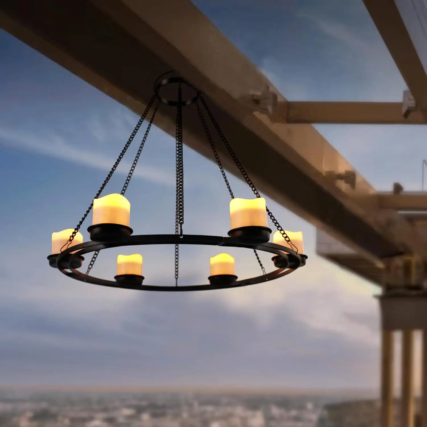 

Solar Chandelier Lantern with 7 LED Lights, Black Metal for Outdoor Decor in Garden or Patio