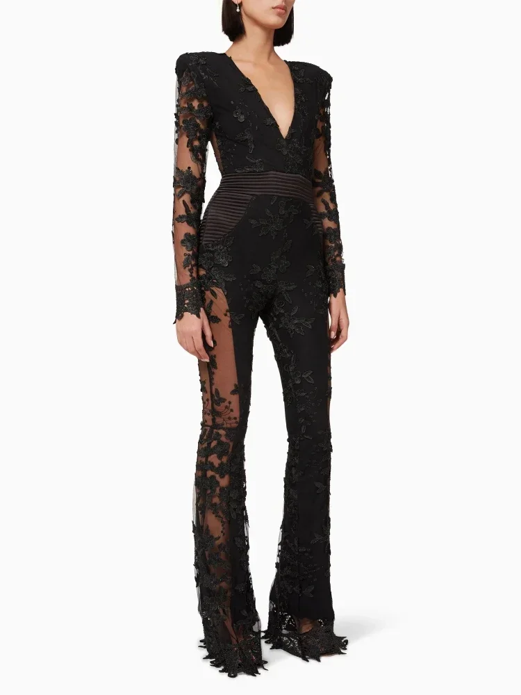 2025 Nieuwe Sexy Lange Mouw Bloemen Diamanten Borduren Jumpsuit Vrouwen Zwarte V-hals Mesh Patchwork Kralen Jumpsuit Cocktail Party