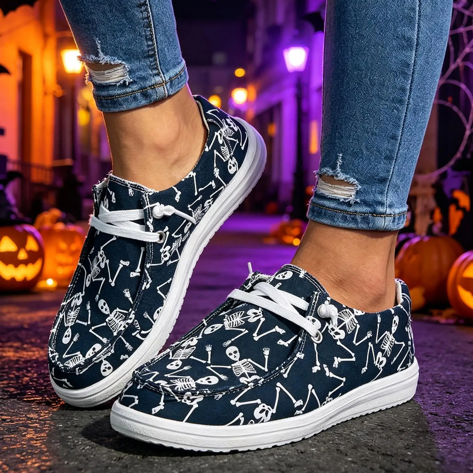 Women Halloween Skeleton Bones Print Canvas Shoes Ladies Lightweight Lace‑up Flat Casual Walking Loafers