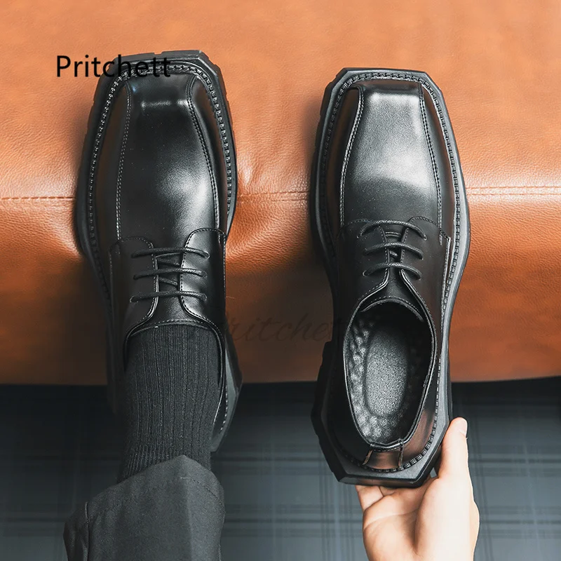 Patent Leather Thick Sole Derby Shoes for Men Commuter Lace Up Casual Leather Shoes Male Square Head Party Office Dress Shoes