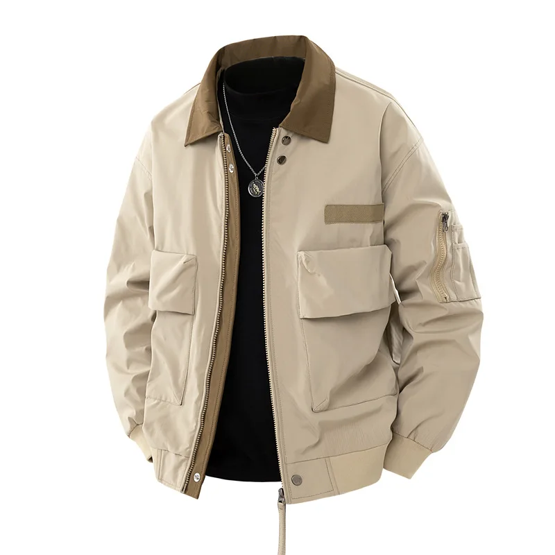 

Men Jacket Spring Autumn American Retro Contrast Color Male Outerwear Turn Down Collar Long Sleeve Pocket Loose Man Cargo Coat