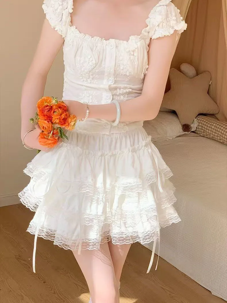 Kawaii Lace-up Ruffle Pleated Skirt Students Sweet Tutu Skirt Women Sweet White High Waist Mini Skirt Fluffy Bow Short Summer