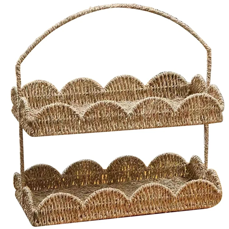 2 Layers Scalloped Basket Tray With Handle Rustic Decorative Woven Basket With Scalloped Edge Table Basket Organizer