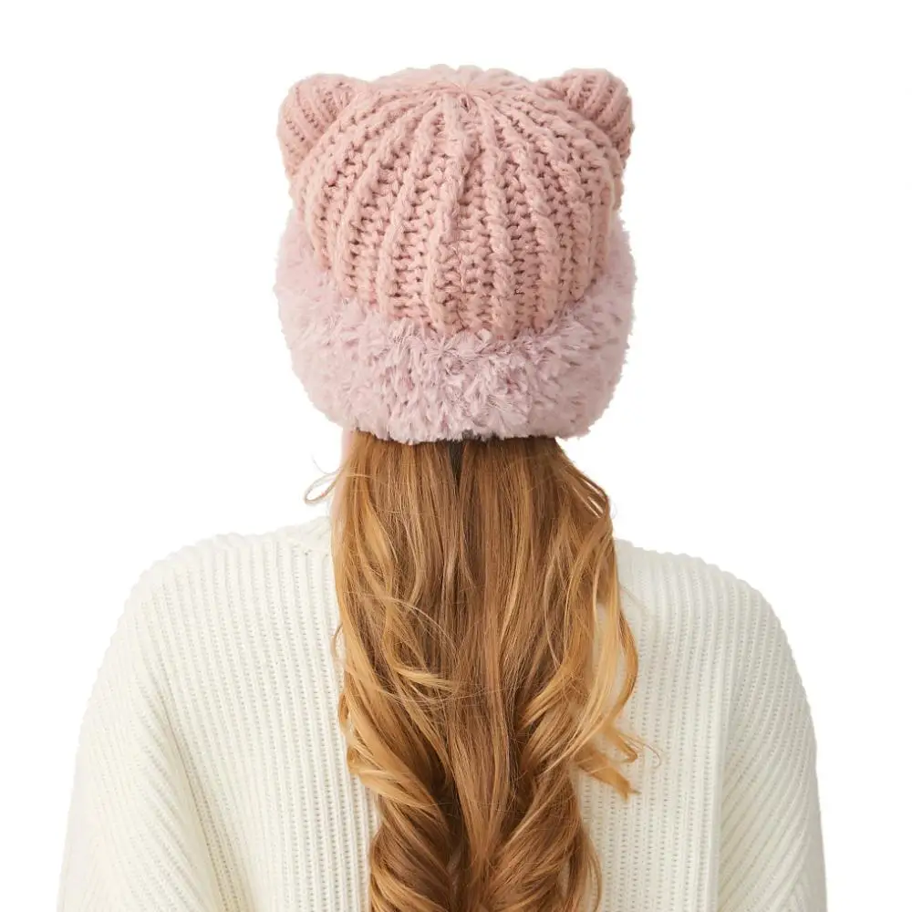 Cute Cat Ears Knitted Beanies Thickened Fleece-Lined Women's Ear Protection Knit Hat Windproof Warm Ski Hat