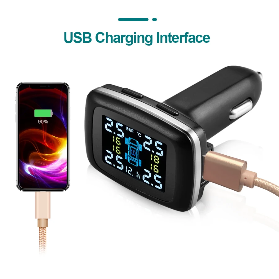 Yangood Allarme di monitoraggio della pressione dei pneumatici TPMS Installazione semplice Display della pressione dei pneumatici Allarme di sicurezza Ricarica per accendisigari