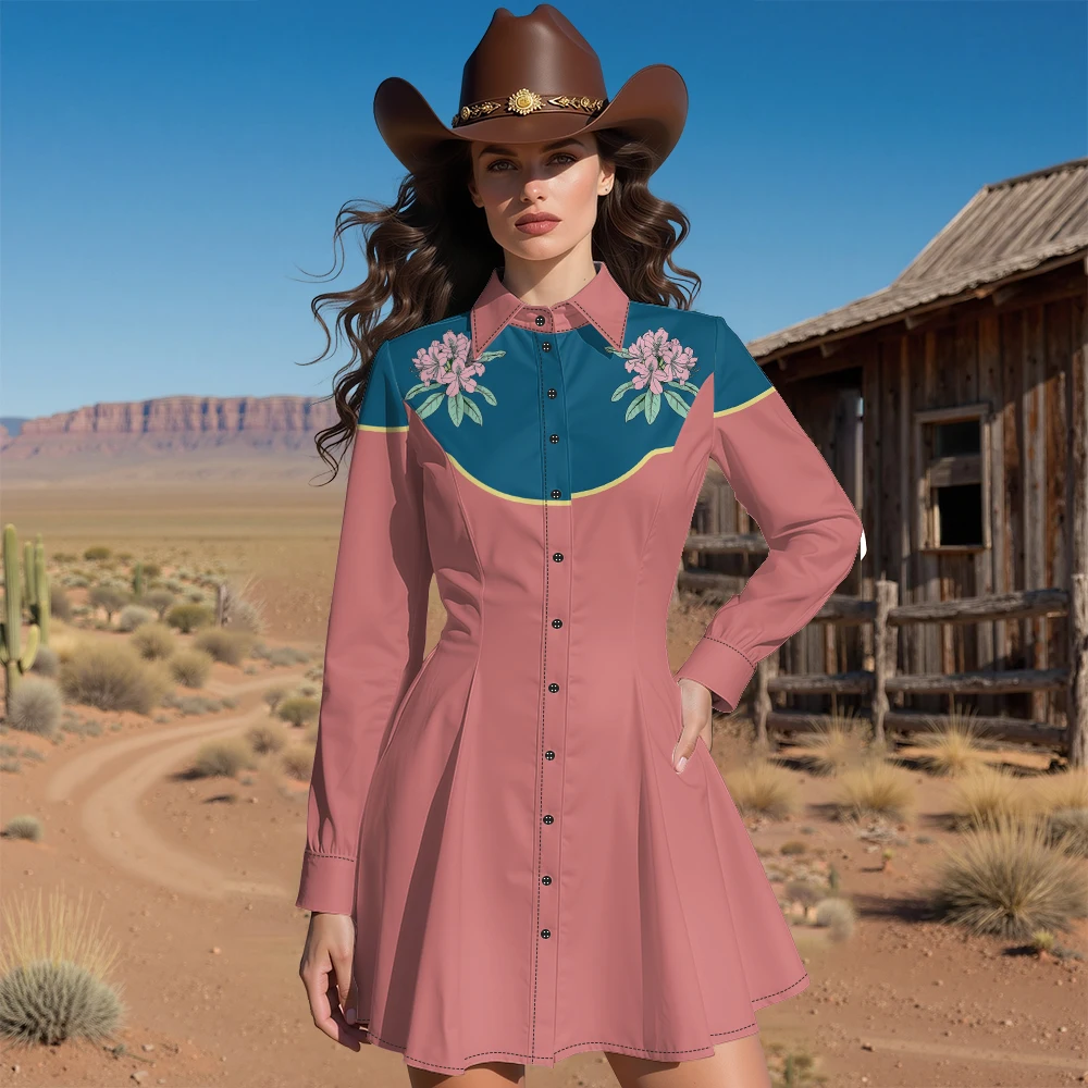 College Style Casual Long-sleeve Dress Colorful Button Fitted Waist & Flared Skirt Elegant Floral Bodycon Midi Dress Plus Size