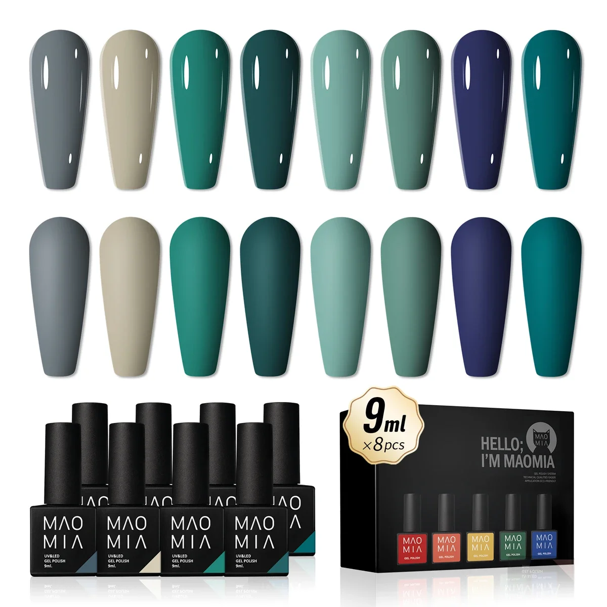 8 Bottle 9ML Gel Nail Polish Kit Elegant Green Series Semi Permanent Long Lasting Organic UV LED Nail Gel Varnish Top Coat