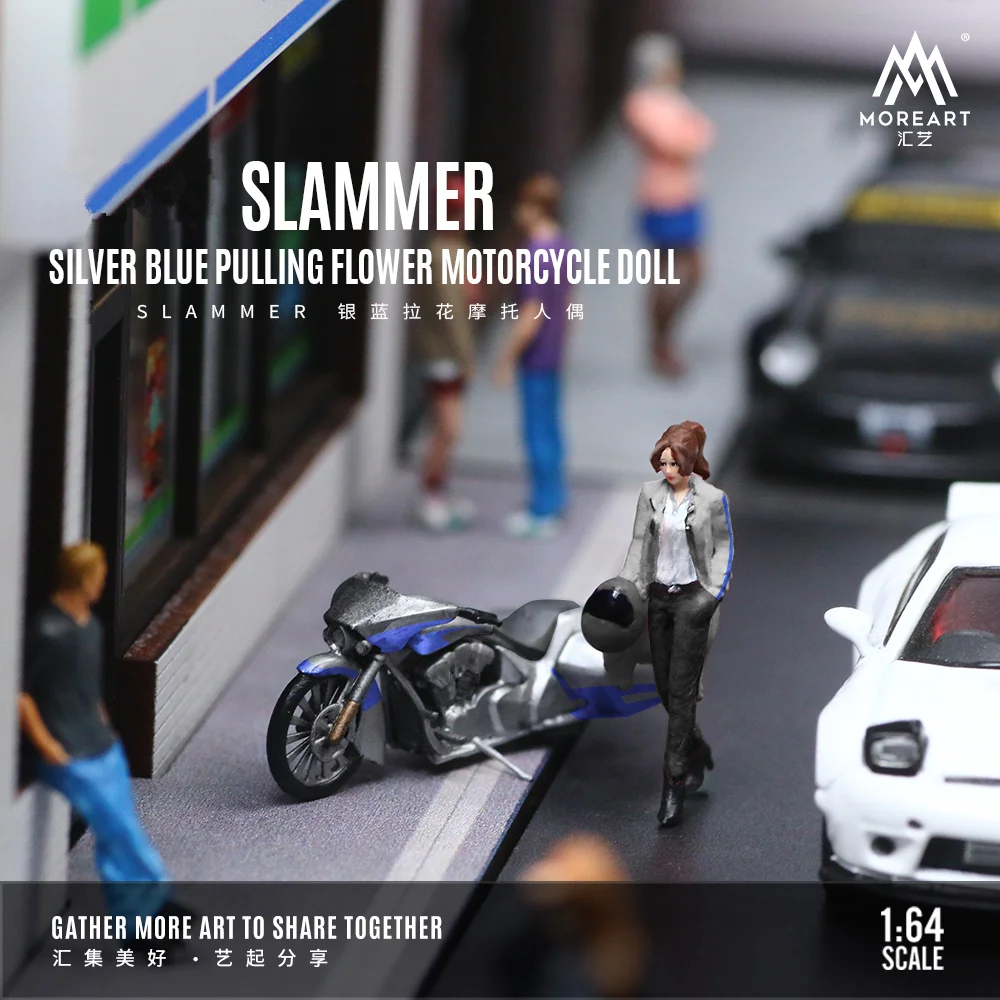 Moreart 1:64 Slammer Silver Blue Pulling Flower motorcycle doll set Display & Collection & Gift