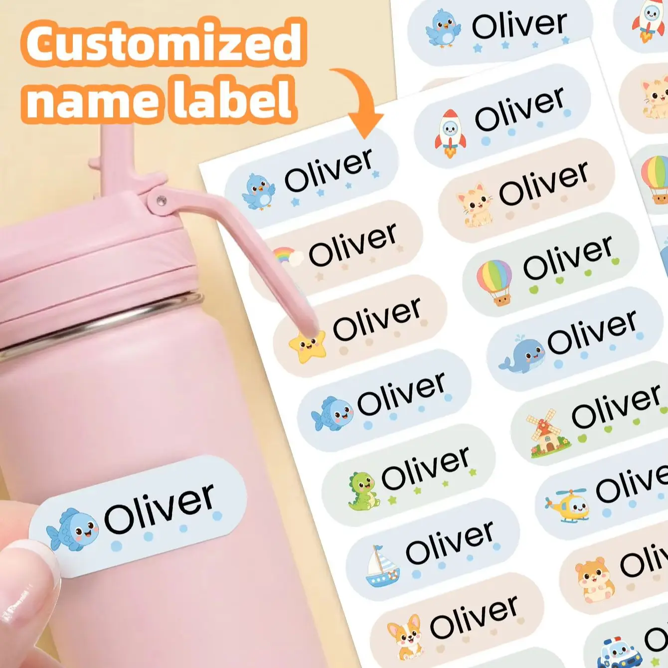 1‑200PCS Waterproof Custom Cartoon Name Stickers with Personalized Text for Product Packaging, Envelopes, Travel Pouches