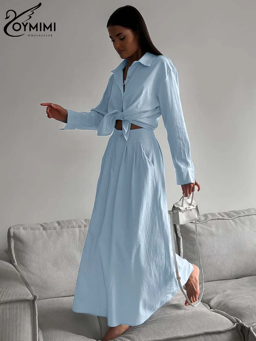 Oymimi Fashion Blue Cotton Two Piece Set For Women Elegant Lapel Long Sleeve Shirts And High Waisted Button Skirts Female Sets