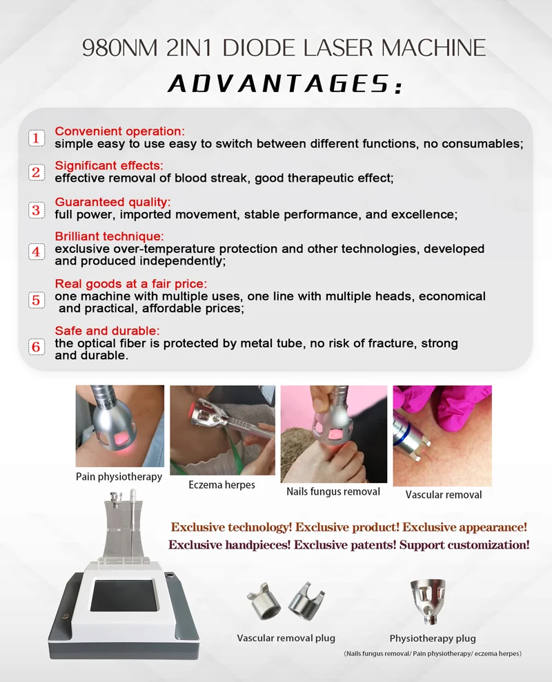 2 in 1 980nm เลเซอร์ไดโอดสีแดงเลือดผ้าไหมลบ Spider Veins Removal 30w เลเซอร์บรรเทาอาการปวด Body อุปกรณ์นวด