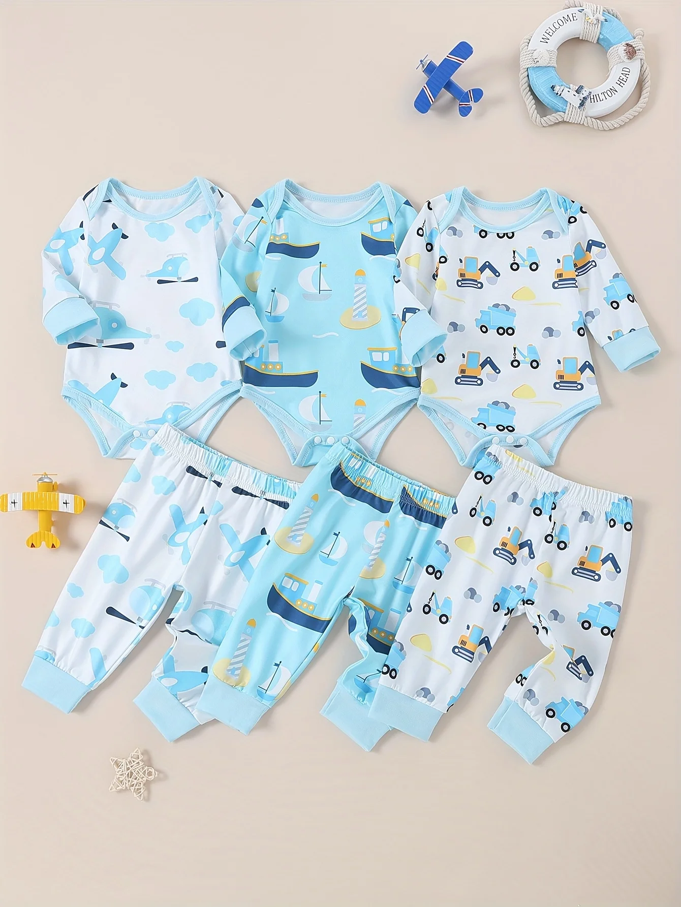 LiliMeraken Set da 3 pezzi per neonati, casual, girocollo, manica lunga, top e pantaloni con motivo geometrico, morbido e confortevole, essenziale per