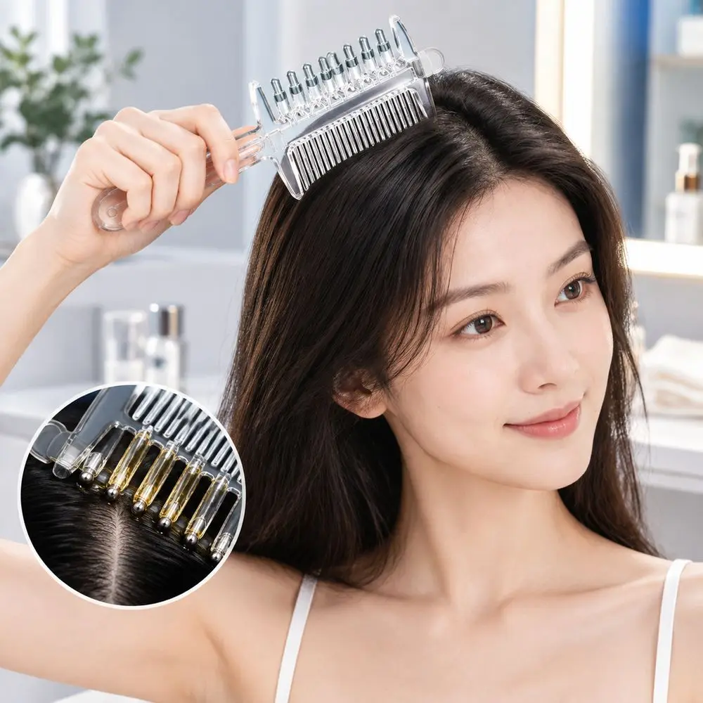 2-in-1 Function Essential Oil Applicator Comb Rolling Metal Teeth Transparen Hair Oil Serum Brush Built-In Liquid Reservoir