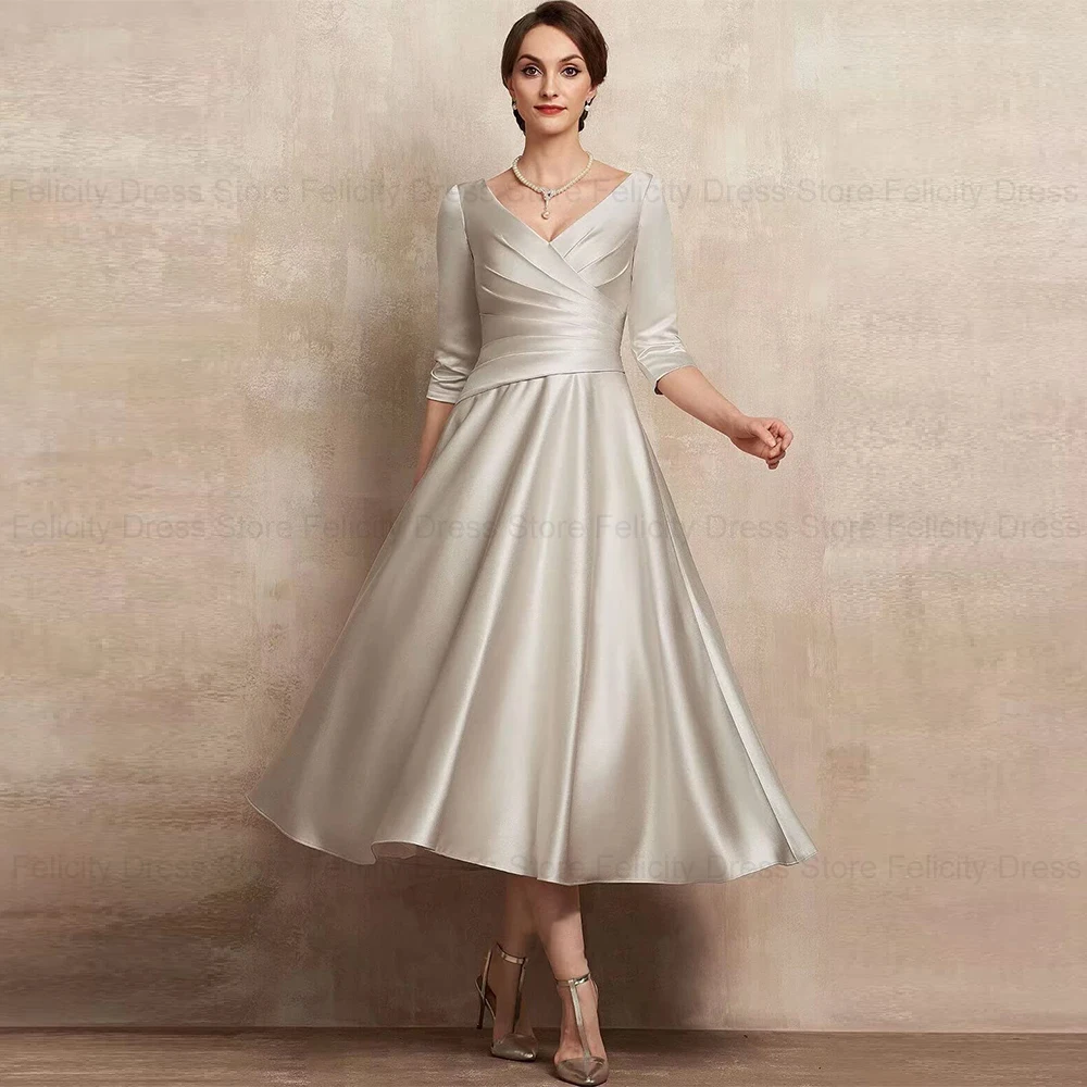 FELICITY Simple Vestidos para Mujer Elegantes A-line V-Neck Mother of the Bride Dress Satin Pleat Short Wedding Party Dresses