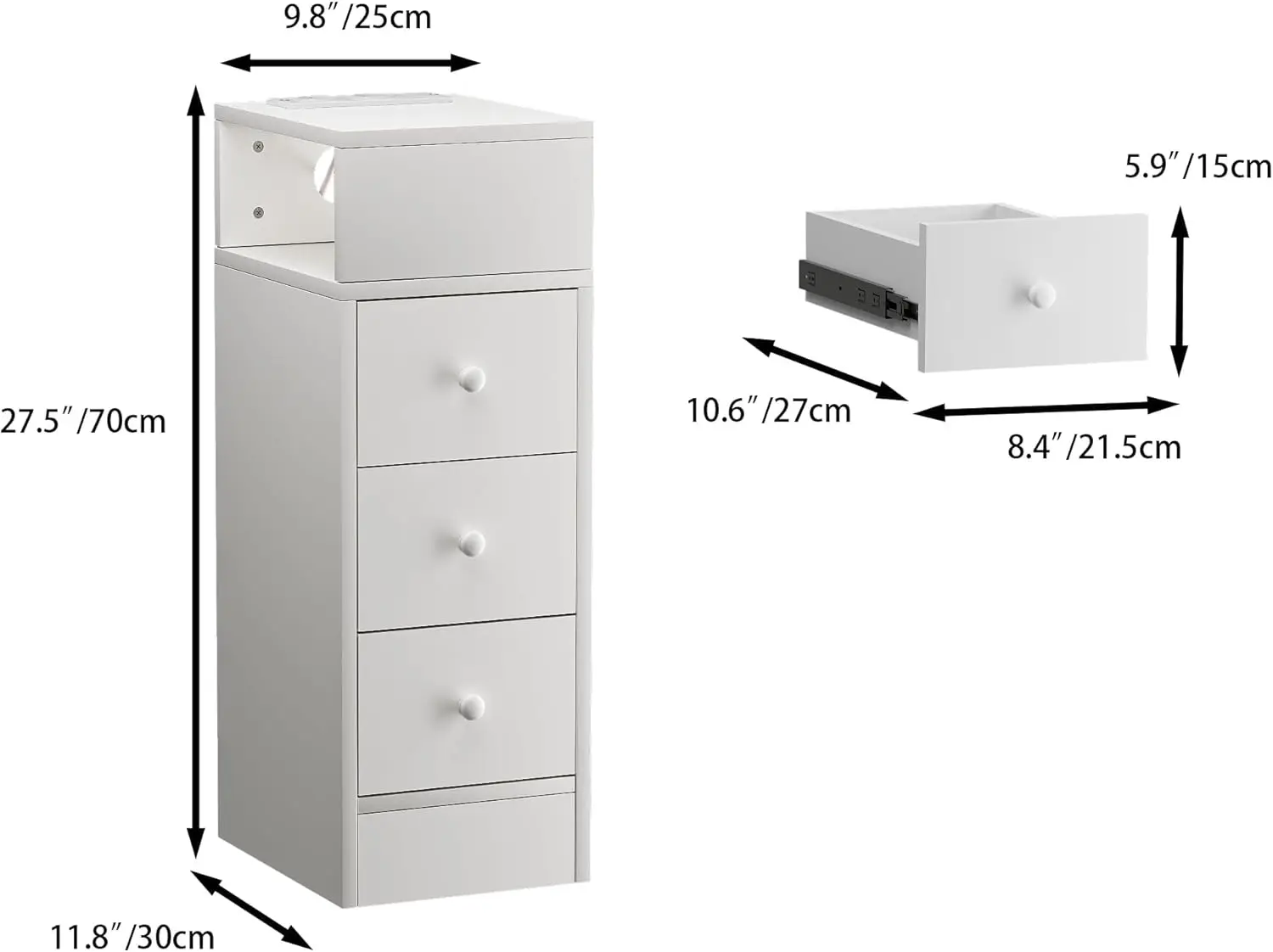 Mesita de Noche Estrecha con Enchufe Mesitas de Noche Estrecha con 3 cajones y 2 Comparitementos de Almacenamiento Mesa Auxiliar #2