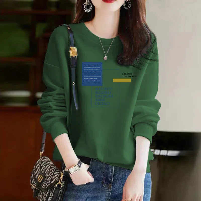 Women Autumn and Winter New O-Neck Pullovers Sweatshirt Solid Color Printing Casual Loose Large Size Versatile Long-sleeved Top