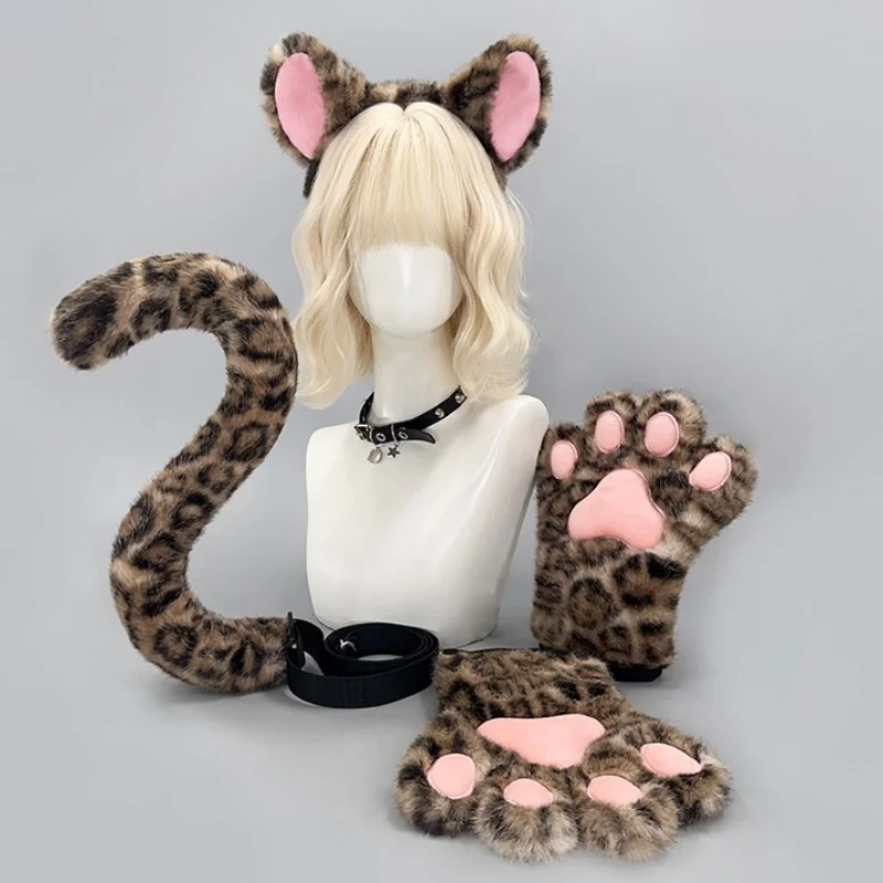 Leopard Ear Headband Set Tail Hairband Paw Gloves Cos Costumes Cute Sexy Leopard-Print Fashion Accessories for Girls Women Party