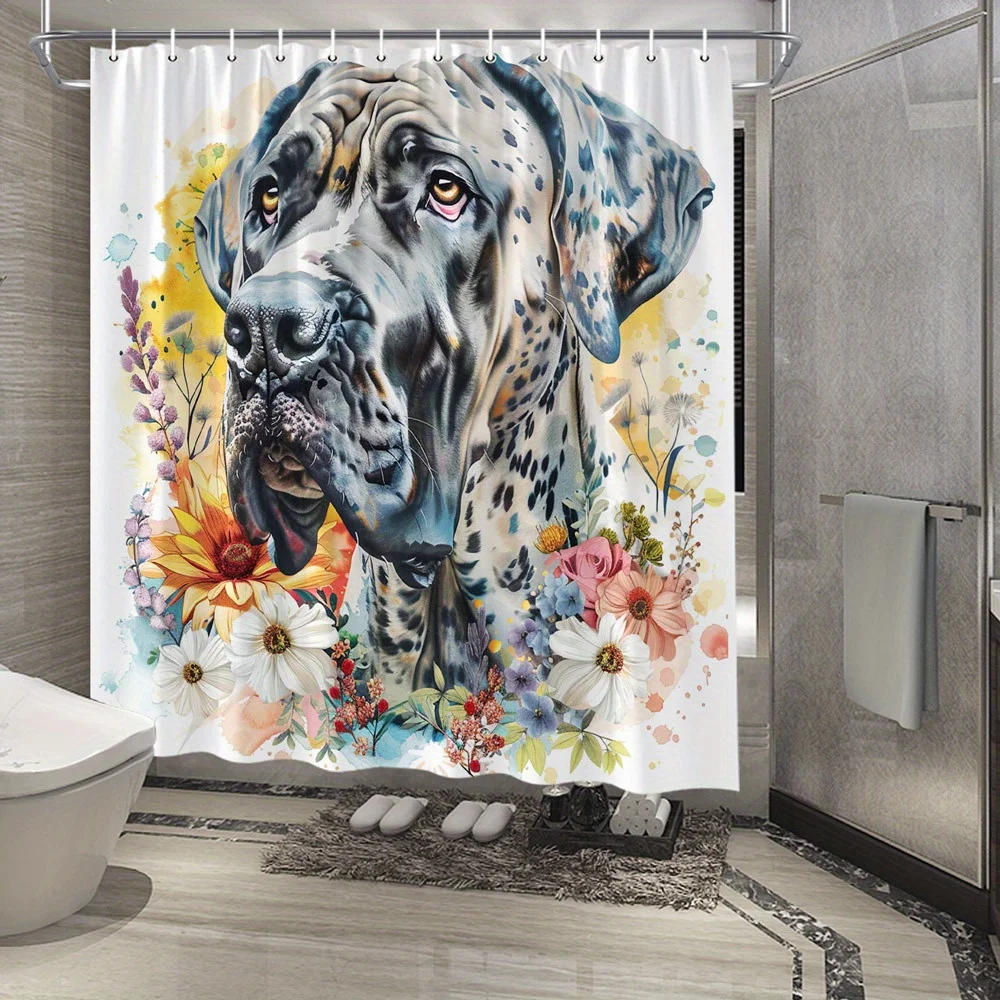 Great Dane Watercolor Shower Curtain 72x72 Polyester Washable with 12 Hooks Floral Pet Bathroom Decor