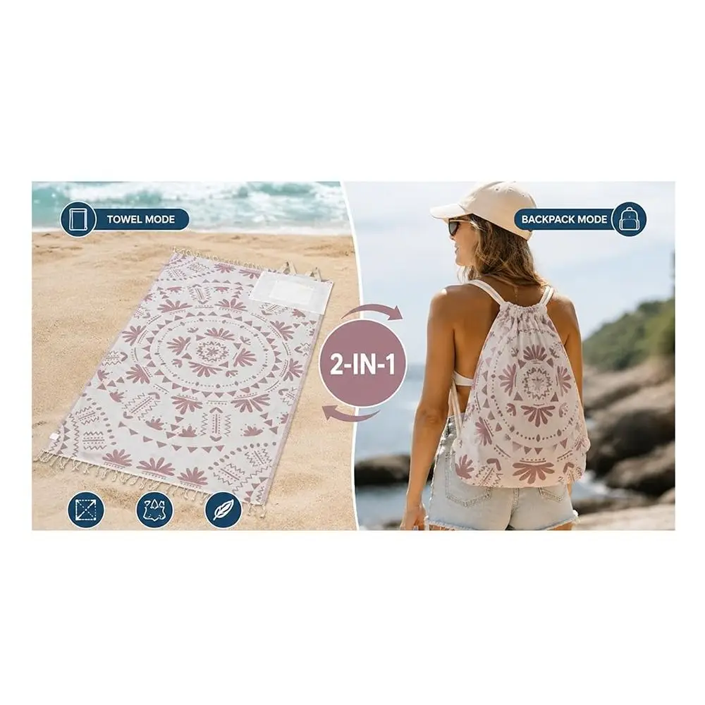 2-in-1 Convertible Towel & Backpack Wearable Oversized Beach Bag Sand-Repelling with Inner Zip Pocket Beach Towel