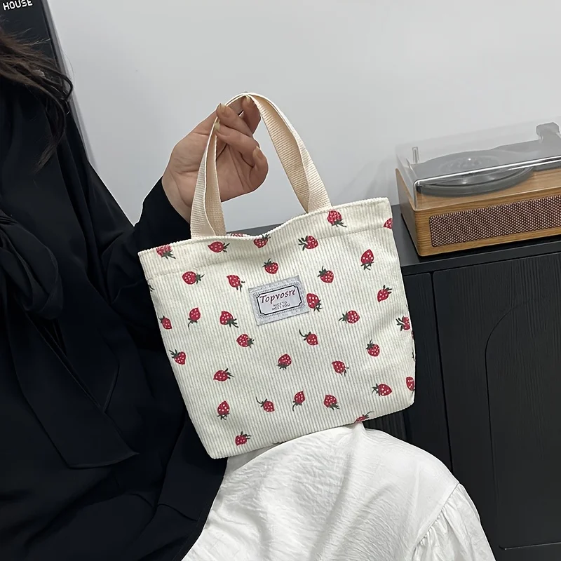 Sweet Style Strawberry Print Large-Capacity Women's Handbag - White Corduroy Material, Fixed Shoulder Strap Design, Open Top with Nylon Lining, Washable Daily Casual Bag, Cute Handbag, Multifunctional Tote Bag, Fun Patterns, Durable Lining, Fashionable Accessory
