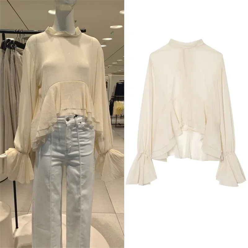

Women's Shirt 2026 Summer New Beige Long-Sleeve Layered Decorative Asymmetric Lightweight Semi-Transparent Top Elegant and Grace