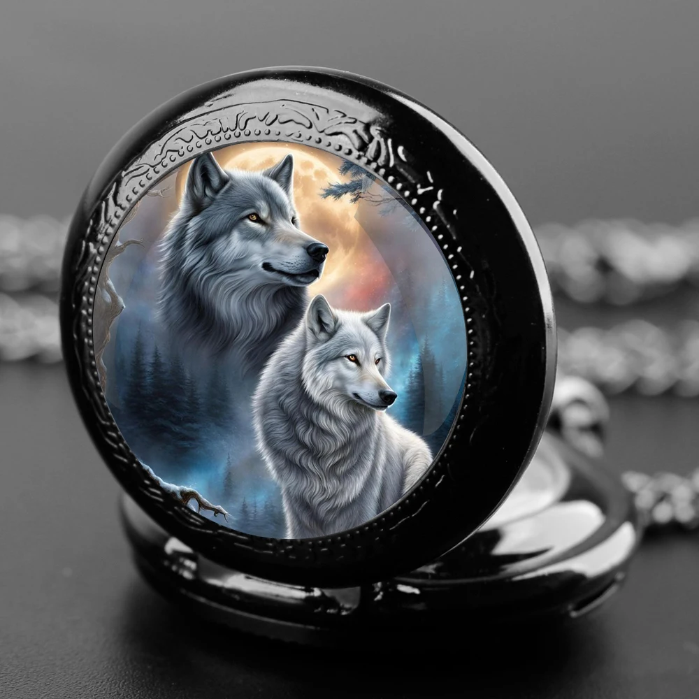 Double Wolf Design Glass Dome Fashion Arabic Numerals Quartz Pocket Watch Necklace Pendant Chain Mens Women Gifts