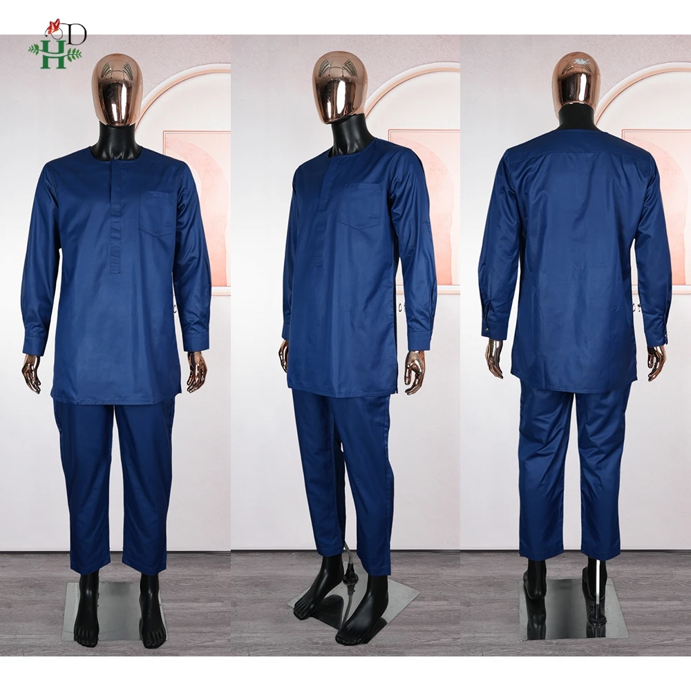 New African Clothes Plus Size For Men Elegant Party Wedding Thobe 3 PC Top and Pants Suits Set Daily Wear Embroidery Blue Gown