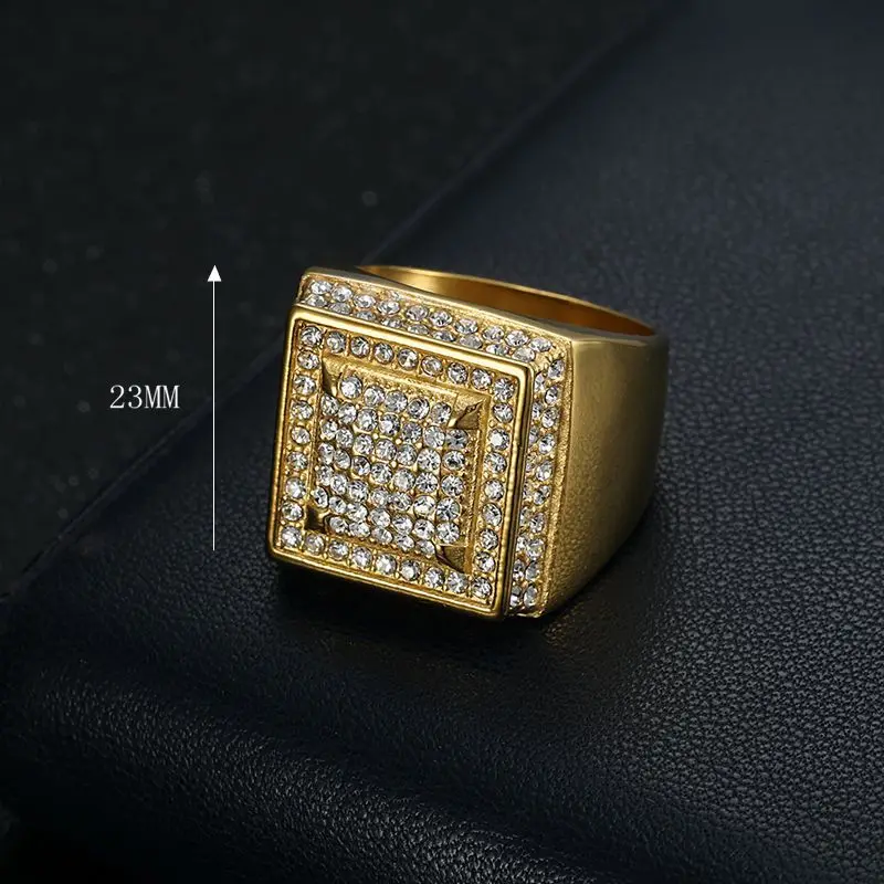 HIP Hop Bling Iced Out Gold Silver Color Stainless Steel Geometric Square Rings for Men Rapper Jewelry Size 7-13
