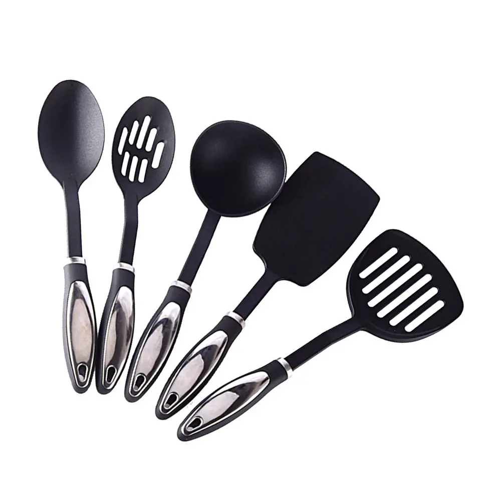 5Pcs Nylon Cooking Utensils Set Heat Resistant Non Stick Kitchen Tools Ergonomic Lightweight Dishwasher Safe Hanging Loop Design