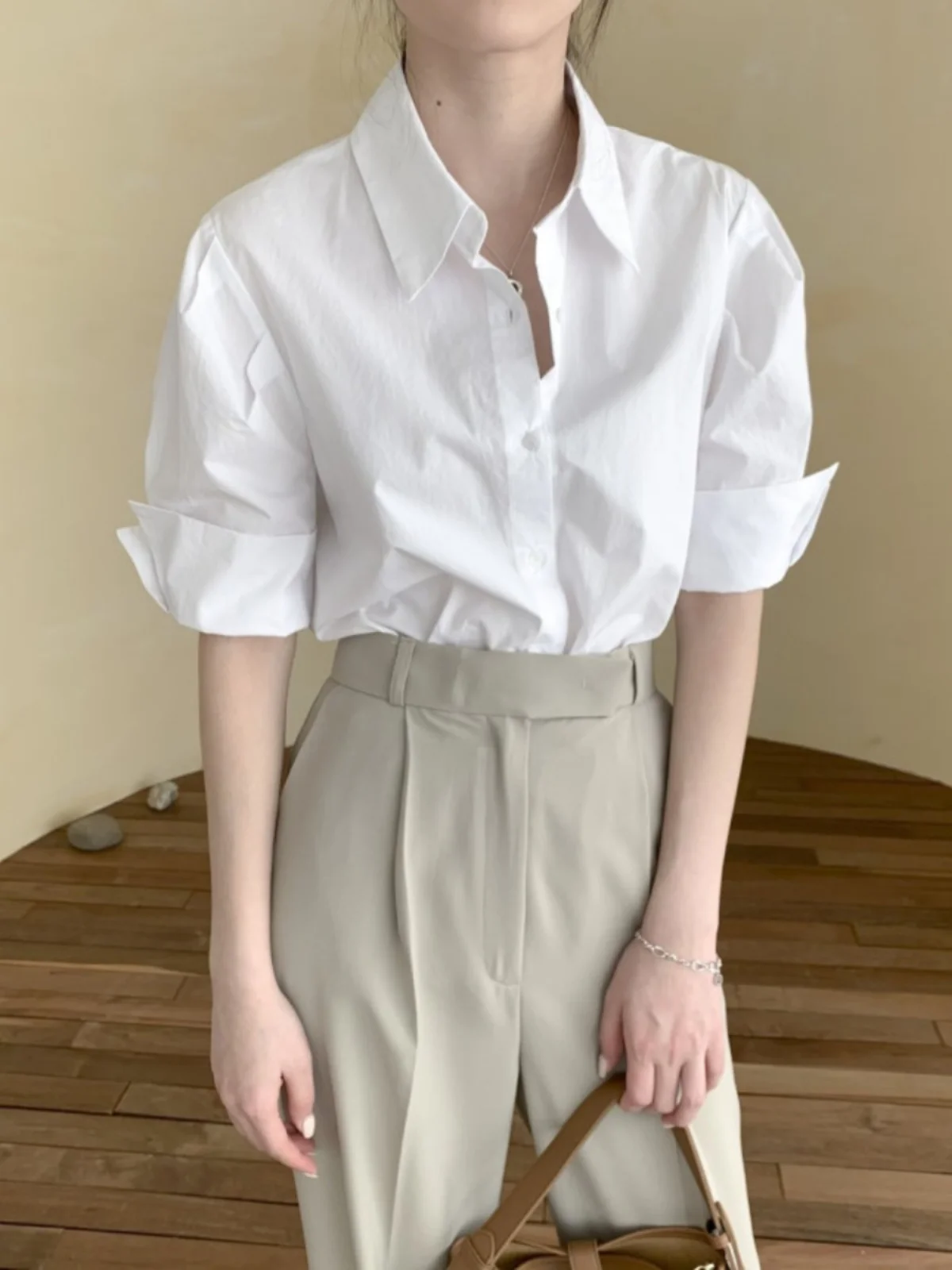 

Chic Summer Loose Fit Slimming Versatile ort Sve irt Simple Cuffed Collar Top Ele Basic Women's Faion