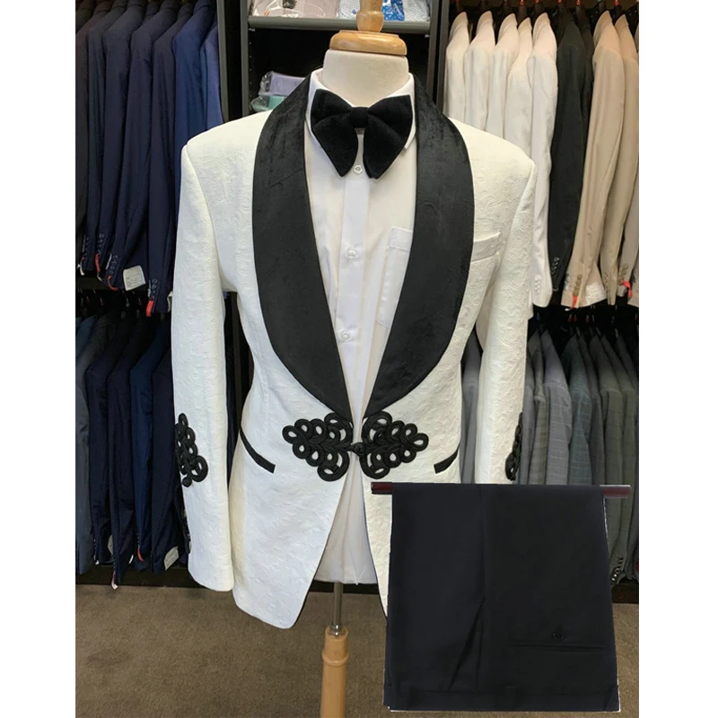 Blanc Jacquard marié Tuxedos velours noir châle revers hommes costumes pour mariage meilleur homme Blazer avec pantalon 2022 Costume de mode