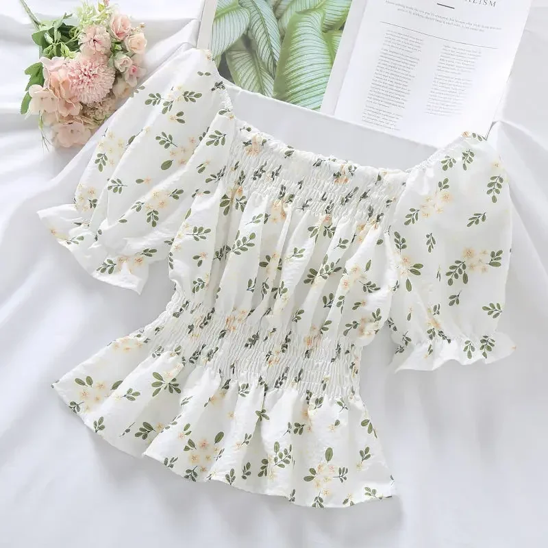 Sweet Broken Flower Slash Neck Women Blouse Agaric Edge Pleat Design Slim Elastic Waist Cropped Top Cute Chiffon T-shirt Summer