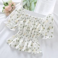 Sweet Broken Flower Slash Neck Women Blouse Agaric Edge Pleat Design Slim Elastic Waist Cropped Top Cute Chiffon T-shirt Summer - Image 2