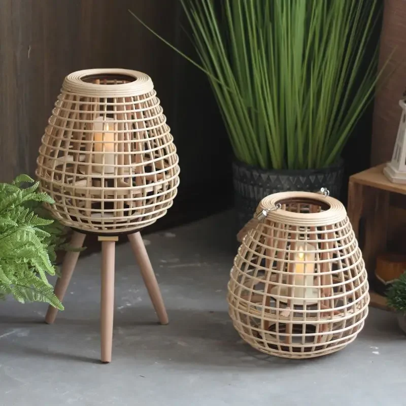 Rattan Portable Lamp Floor-Standing Storm Lantern High Plug-in Candlestick Designer Decoration Lantern Japanese and Nordic Style