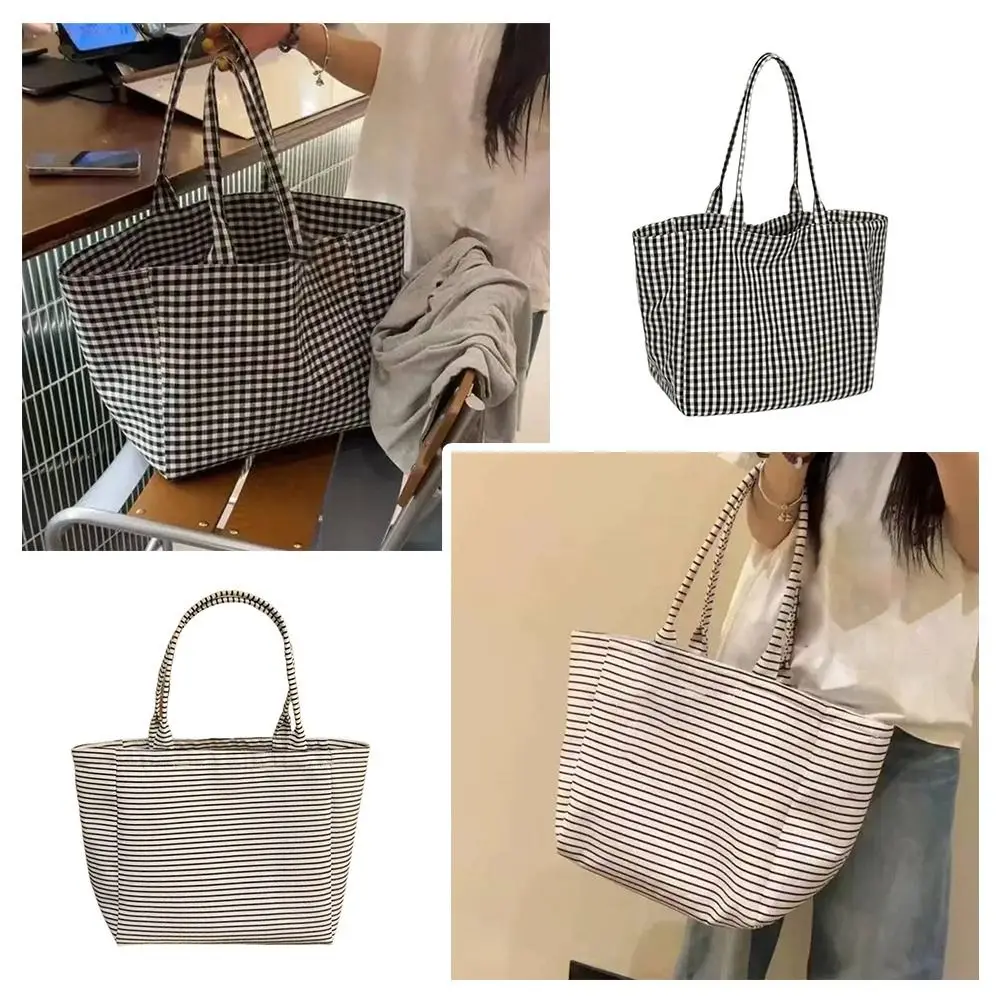 

Холщовая сумка-тоут с принтом в горошек, холщовая сумка с принтом в клетку, вместительная сумка-тоут, вместительная сумка с принтом в полоску, холщовая сумка с принтом