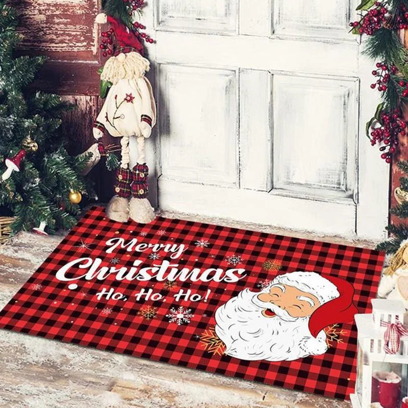 VIKAMA Christmas Entrance Door Mat Plaid Xmas Tree Snowflake Merry Christmas Print Non Slip Mat For Front Door Porch Xmas Decor