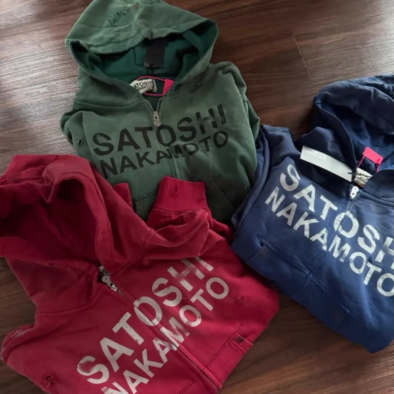 Winter Street Outfit Oversize SATOSHI Jacket Vintage Washed Worn Splashed Ink Fading Letters Zippered Hoodie Men Women Hoody